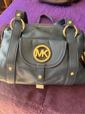 Michael Kors dark blue leather Shoulder Bag with Gold MK Emblem